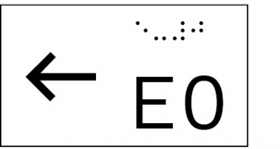 Taktile Handlaufbeschriftung, Layout: vorangestellter Pfeil nach links + E + Stockwerk, mit Braille- und Pyramidenschrift, Aluminium, eloxiert
