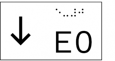 Taktile Handlaufbeschriftung, Layout: vorangestellter Pfeil nach unten + E + Stockwerk, mit Braille- und Pyramidenschrift, Aluminium, eloxiert