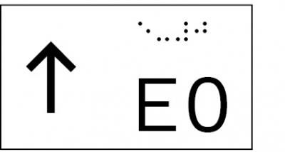 Taktile Handlaufbeschriftung, Layout: vorangestellter Pfeil nach oben + E + Stockwerk, mit Braille- und Pyramidenschrift, Aluminium, eloxiert