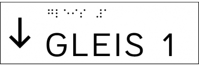 Taktile Handlaufbeschriftung, Layout: vorangestellter Pfeil nach unten + GLEIS + Gleisnummer, mit Braille- und Pyramidenschrift, Aluminium, eloxiert