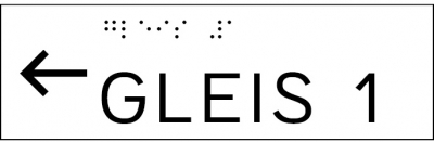 Taktile Handlaufbeschriftung, Layout: vorangestellter Pfeil nach links + GLEIS + Gleisnummer, mit Braille- und Pyramidenschrift, Aluminium, eloxiert