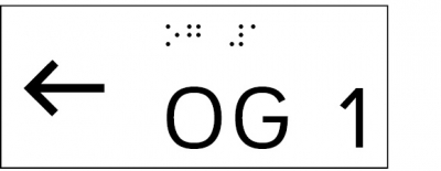 Taktile Handlaufbeschriftung, Layout: vorangestellter Pfeil nach links + UG/OG, mit Braille- und Pyramidenschrift, Aluminium, eloxiert