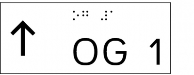 Taktile Handlaufbeschriftung, Layout: vorangestellter Pfeil nach oben + UG/OG, mit Braille- und Pyramidenschrift, Aluminium, eloxiert