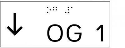 Taktile Handlaufbeschriftung, Layout: vorangestellter Pfeil nach unten + UG/OG, mit Braille- und Pyramidenschrift, Aluminium, eloxiert