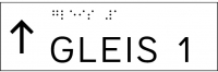 Taktile Handlaufbeschriftung, Layout: vorangestellter Pfeil nach oben + GLEIS + Gleisnummer, mit Braille- und Pyramidenschrift, Aluminium, eloxiert